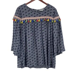 Luukse‎ Top Blouse Womens Size XL Blue Yellow Pompom Tassel Boho Embroidered